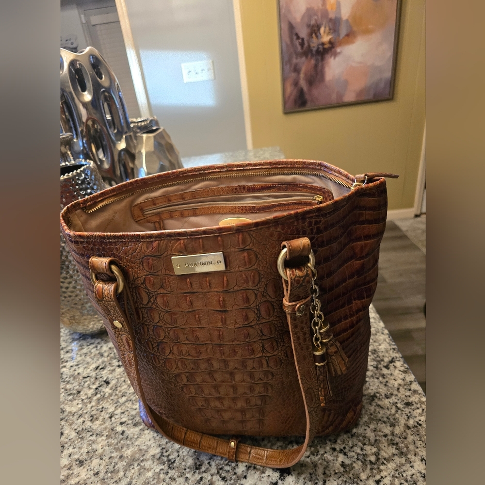 Brahmin Tan Crocodile-Embossed Shoulder Bag